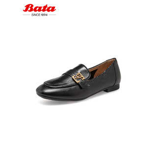 Bata乐福鞋女秋季商场新款复古英伦风羊皮平软底单鞋AMV33CA2 黑色 36