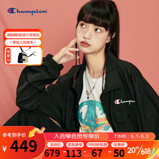 Champion 冠军夹克男女春秋新款刺绣草写LOGO运动外套潮情侣 黑色 L