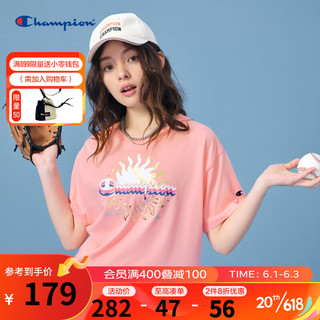 Champion 冠军T恤2023春夏新款粉色印花可爱风胶印草写LOGO短袖T恤女 粉色 S