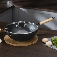 碳钢锤纹炒锅玻璃盖32/34cm极铁炒锅不粘锅家用电磁炉铁锅炒菜锅 32*10cm碳钢锤纹炒锅(玻璃盖)-GT3210TGCWC