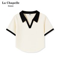 移动专享：La Chapelle 辣妹V领短袖T恤女2023新款夏季显瘦小众别致翻领polo上衣