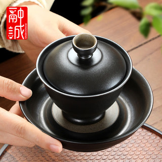 固禾陶瓷盖碗茶杯禅风黑陶三才茶碗大号功夫茶具手抓冲茶器粗陶敬茶碗 黑禅陶釉