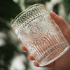 复古浮雕玻璃杯子ins 简约太阳花水杯透明金边饮料杯欧式个性酒杯