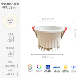 鹿家良品（LUUGAA） 禾木筒灯嵌入式led家用护眼防眩客餐厅天花简灯无主灯 全光谱哑白杯-4000K-5w