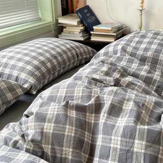曼克顿（MANKEDUN）简约格子日式纯棉四件套全棉水洗棉超柔软裸睡床单被套床上用品 麦田灰 四件套1.5m床适用-被套200*230cm