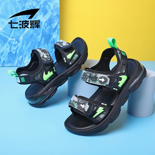 七波辉（7-PE）男童潮流休闲皮凉鞋2023年夏季新款舒适耐磨中大童儿童运动沙滩鞋 H74161黑绿 32