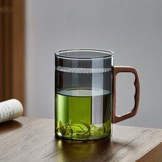 美斯尼玻璃茶具茶水分离杯办公家用月牙泡茶杯一体茶隔杯子水杯加厚茶杯 木盖 烟灰兰香杯 480ml