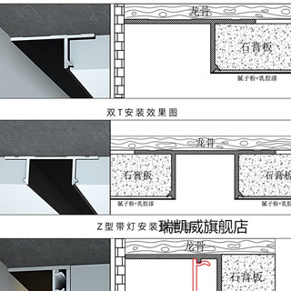 瑞凯威悬浮吊顶收边条T型材石膏板收口条墙角阴影缝加厚铝合金装饰U凹槽 单T10*9.5mm黑3米5根以下对半发