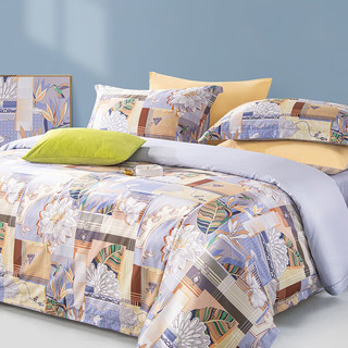 富安娜（FUANNA）家纺 80支高支长绒棉床上四件套纯棉床单被套家用送礼床品套件 特伦-蓝色 1.8米床 (被套230*229cm)