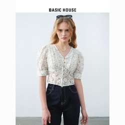 BASIC HOUSE 百家好 女款v领网纱打底衫