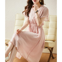 夏季女式气质V领纯色短袖连衣裙收腰显瘦薄款透气网纱裙 S 粉色