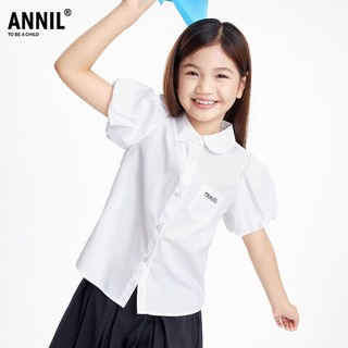 Annil 安奈儿 童装翻领短袖衬衣2023年夏装纯棉泡泡袖字母印花衬衫米白140