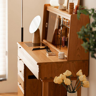 良工（lg）实木梳妆台卧室樱桃木化妆桌日式化妆台斗柜一体多功能小户型 樱桃木梳妆台带凳子