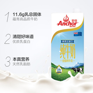 Anchor 安佳 全脂纯牛奶3.6g蛋白质新西兰草饲奶源早餐奶1L×1盒 1件装