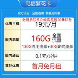 CHINA TELECOM 中国电信 繁华卡19元160G全国流量不限速（2年内19）