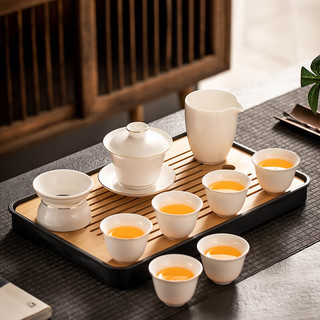 瓷牌茗茶具（cipaiming teaset）羊脂玉茶具套装德化白瓷茶壶泡茶器办公室会客盖碗功夫茶杯整套 描金《美人肩盖碗》羊脂玉10件套