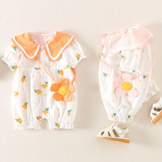 迪士尼婴儿夏装连体衣可爱超洋气3-6个月女宝宝夏季纯棉薄款9新生儿衣服 橘色 66cm
