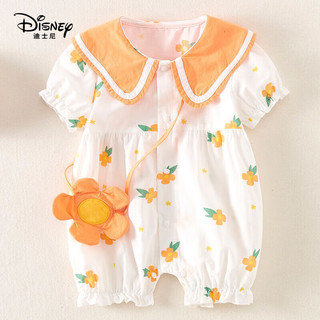 迪士尼婴儿夏装连体衣可爱超洋气3-6个月女宝宝夏季纯棉薄款9新生儿衣服 橘色 66cm