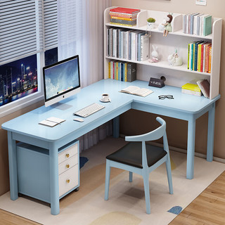 贵嘉缘（GUI JIA YUAN）转角实木书桌带书架一体办公桌电脑桌家用书桌学习桌卧室写字桌 白色 单桌 长宽高：1.2×1.2×1.3米