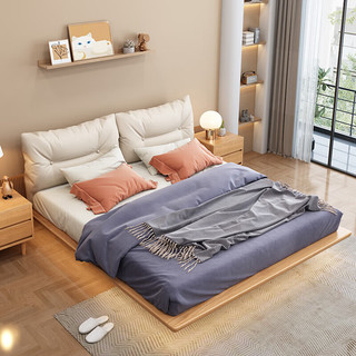 摩高空间实木主卧悬浮床奶油风卧室简约双人床20233-1.8米框架床+弹簧床垫