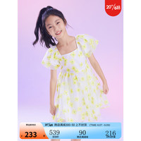 安奈儿童装女大童短袖连衣裙2023年夏装新款方领印花泡泡袖公主裙子 白黄花 110cm