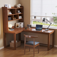 聚林鸟实木转角书桌书架一体桌拐角台式电脑桌家用卧室办公桌学生学习桌 左转角桌+牛角椅 140*100*75cm