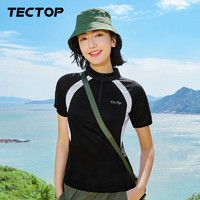 探拓（TECTOP）速干衣女户外半开立领撞色微孔透气快干短袖T恤 女款黑色2XL