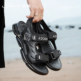 兽霸（Shouba）凉鞋男士魔术贴沙滩鞋男运动休闲凉拖男鞋 SX23X0050M 黑灰 39