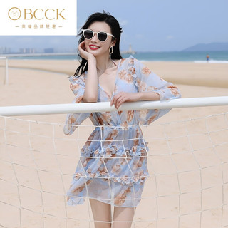 BCCK国际品牌轻奢侈比基尼分体三件套泳衣女夏季海边小胸显瘦聚拢罩衫 紫花 M