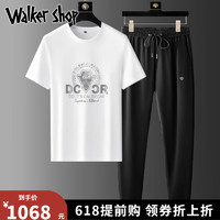 Walker Shop运动套装男轻奢烫钻印花恤男套装短袖青年潮牌圆领体恤男士两件套 白T黑裤 M