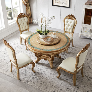 盛世锦木欧式全实木餐桌椅子 圆形饭桌椅组合套装 欧式餐厅家具裂纹漆手绘 香槟色单椅