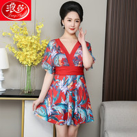 浪莎（LangSha）中老年人泳衣女保守妈妈款连体裙式遮肚显瘦大码游泳装泡温泉宽松 +泳帽99131连体-红色 3XL125-140斤