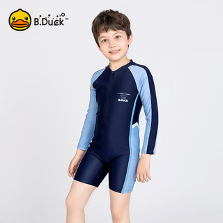 B.Duck小黄鸭男童连体泳衣 长袖中裤青少年儿童透气舒适运动泳衣 深蓝 160