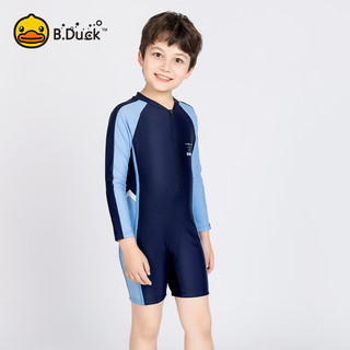 B.Duck小黄鸭男童连体泳衣 长袖中裤青少年儿童透气舒适运动泳衣 深蓝 160