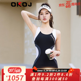 OKOJ品牌2023新款连体平角修身泳衣女士运动大码显瘦聚拢泳装 黑色 L