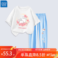 真维斯（Jeanswest）儿童短袖套装女童T恤半袖纯棉2023夏季衣服中大童时尚休闲两件套 白J弯月樱花-蓝J花朵小兔 90