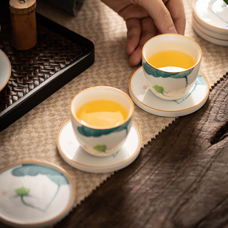 瓷牌茗茶具（cipaiming teaset）手绘陶瓷杯垫组合家用隔热茶托垫小号羊脂玉茶具配件 羊脂玉手绘《戏鱼》杯垫-单个装