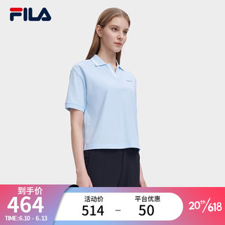 斐乐（FILA）官方女子针织短袖衫2023夏季新款时尚休闲宽松翻领上衣 雾水蓝-BU 160/80A/S