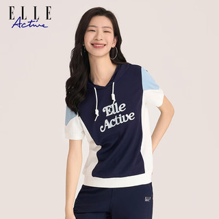 ELLE ACTIVE夏季拼色运动连帽T恤女装2023夏季新款时尚活动字母印花短袖上衣 浅蓝/深蓝 S