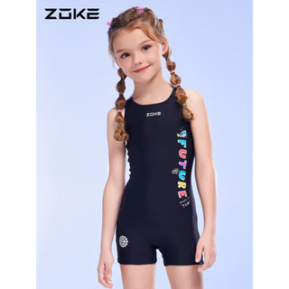 洲克ZOKE女童连体平角水中健身舒适训练泳衣123504405 黑/白色 140（14）