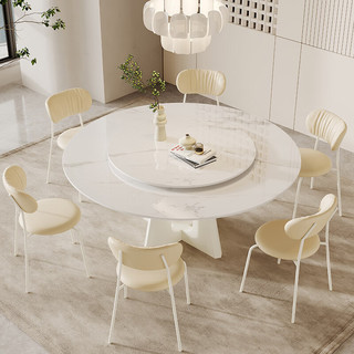 陈大侠餐桌 法式奶油风圆形餐桌纯白带转盘饭桌岩板圆餐桌餐椅组合桌子 带转盘