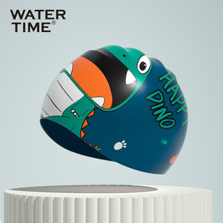 WATERTIME儿童游泳帽男童卡通硅胶防水不勒头专业抗氯护耳泳帽 蓝绿恐龙