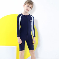 Yobel男童连体泳衣2023年新款长袖五分泳裤防晒学生青少年儿童泳装速干 藏青白 6A 建议120-130CM