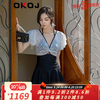 OKOJ品牌2023新款连体裙式泳衣女遮肚显瘦聚拢蕾丝荷叶边性感游泳装 黑色 M