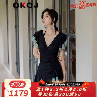 OKOJ品牌2023夏季新款连体泳衣女泡温泉蕾丝流苏保守遮肉显瘦泳装 黑色 M