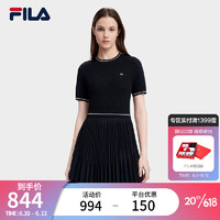 斐乐（FILA）官方女子连衣裙2023夏新款圆领短袖编织百褶拼接连身裙 传奇蓝-NV 160/80A/S