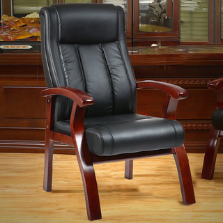 奈高老板椅会议椅舒适靠背办公椅实木大班椅子四脚麻将椅黑色-牛皮