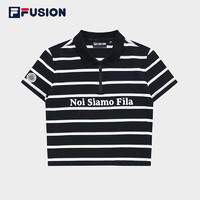 FILA FUSION斐乐潮牌女子修身短袖POLO衫2023夏时尚休闲条纹上衣 深黑-BK 155/76A/XS