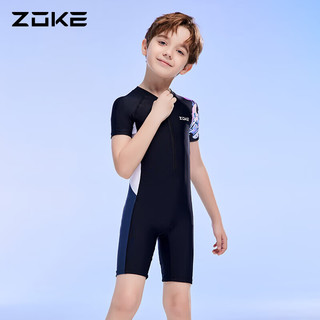 ZOKE 洲克 儿童泳衣男童连体平角中大童舒适短袖123503552 黑白紫水生花 140