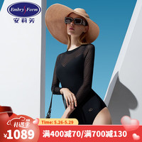 安莉芳（Embry Form）安莉芳网纱圆领长袖连体泳衣女士性感镂空遮肚泳装ES00126 BLK黑色 M